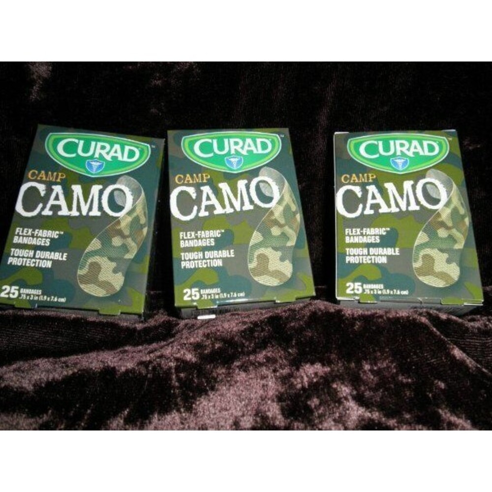 NEW (LOT OF 3 PACKAGES) CURAD CAMP CAMO FLEX-FABRIC (75) BANDAGES,DURABLE,TOUGH